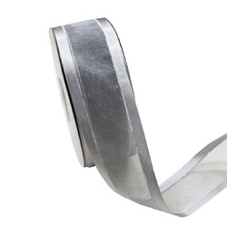 Silver Satin Edge Sheer Organza With Silver Trim Ribbon - 38mm x 25M