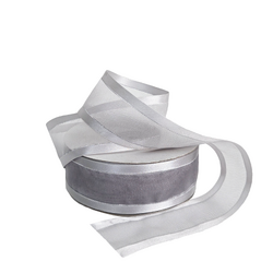 Silver Satin Edge Sheer Organza With Silver Trim Ribbon - 38mm x 25M