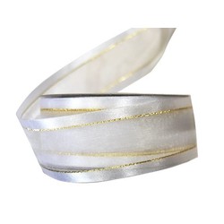 White Satin Edge Sheer Organza With Gold Trim Ribbon - 38mm x 25M