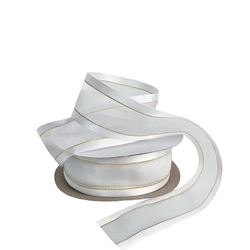 White Satin Edge Sheer Organza With Gold Trim Ribbon - 38mm x 25M