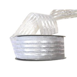White Sheer Organza Satin Stripe With Silver Trim Ribbon - 38mm x 25M