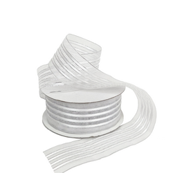 White Sheer Organza Satin Stripe With Silver Trim Ribbon - 38mm x 25M