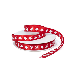 Red Satin Ribbon with White Stars - 12mm x 25M