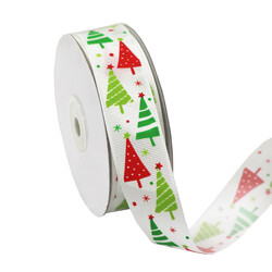 White Grosgrain Ribbon with Christmas Trees - 24mm x 25M