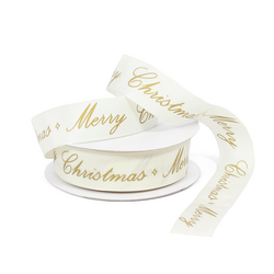 Off White Fabric Ribbon with Metallic Gold Merry Christmas 25mm x 25M