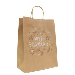 Kraft Bags - Metallic Merry Christmas Wreath - Medium - Brown