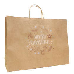 Kraft Bags - Metallic Merry Christmas Wreath - Boutique - Brown