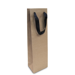Kraft Bags - Premium Kraft Brown Single Wine Bottle Gift Bag - Black Ribbon Handles
