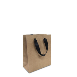 Kraft Bags - Premium Kraft Brown Small Mini Gift Bag - Black Ribbon Handles