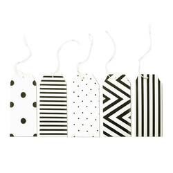 Gift Tags - 5 x 11cm - Pretied Cotton Loop - Assorted Black Patterns - 100pk 
