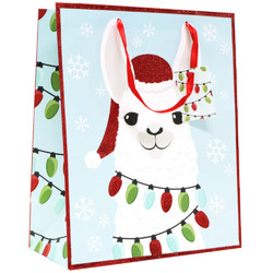Christmas Bags - Llama with Glitter and Satin Handles - Medium to Large