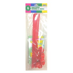 6 x Balloon Stick & Cup - 30cm - Red