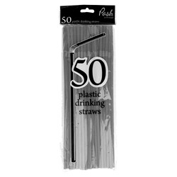 Plastic Straws - Flexible - 50pc - Silver