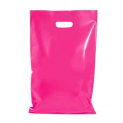 100 x Plastic Carry Bags Large With Die Cut Handle  - LDPE - Glossy Hot Pink