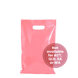 100 x Plastic Carry Bags Small - Medium With Die Cut Handle  - LDPE - Glossy Coral Pink