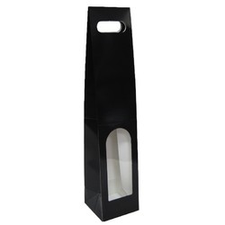 Premium Single Wine Bottle Gift Bags with Clear Window - Glossy Black