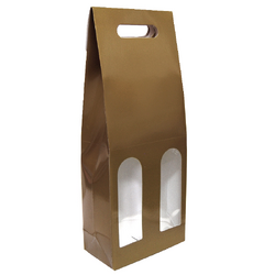 Premium Double Wine Bottle Gift Bags with Clear Window - Glossy Gold