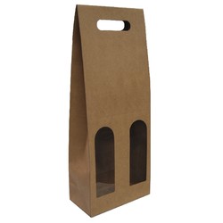 Premium Double Wine Bottle Gift Bags with Clear Window - Brown Kraft