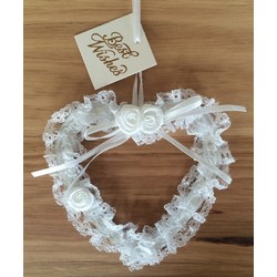 White Lace Outline Wedding Heart with Satin Flowers and Bow
