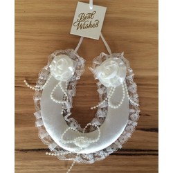White Wedding Horse Shoe with Lace, Satin Roses and Beading.