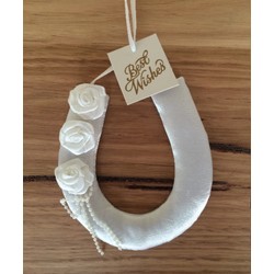 White Wedding Horse Shoe with 3 Satin Roses