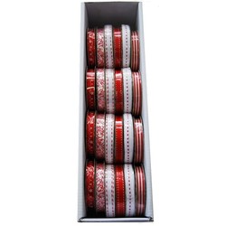 Tray of 24 Rolls, 10mm x 3m - Red & White Satin Grosgrain Mix