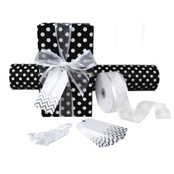 Pack Deal - Black Dots Wrapping Paper, Satin Edge Organza Ribbons, and Chevron Gift Tags