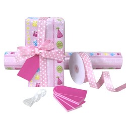 Pack Deal - Pink Happy Birthday Wrapping Paper, Grosgrain Ribbons, and Gift Tags