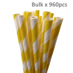 960 x BULK - Paper Straws - Yellow Stripes - 19.6cm long - Clearance