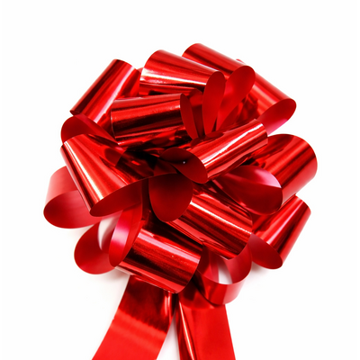12 x Pull String Pom Pom Bows - Metallic Red Gift Bow