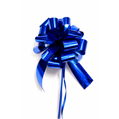 12 x Pull String Pom Pom Bows - Metallic Blue Gift Bow