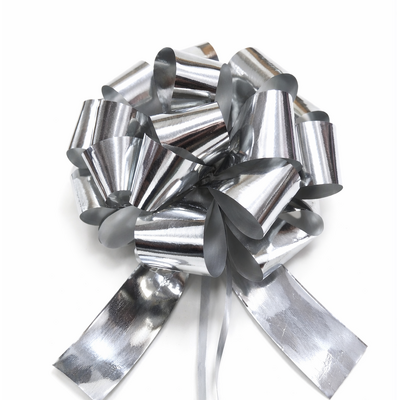 12 x Pull String Pom Pom Bows - Metallic Silver Gift Bow