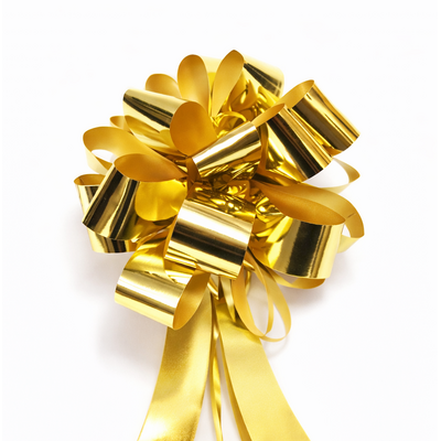 12 x Pull String Pom Pom Bows - Metallic Gold Gift Bow