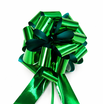 12 x Pull String Pom Pom Bows - Metallic Green Gift Bow