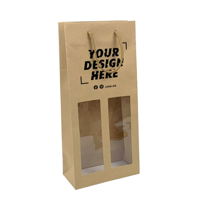 Custom Printed - Kraft Brown Double Wine Bottle Gift Bag with Clear Window - Rope Handles