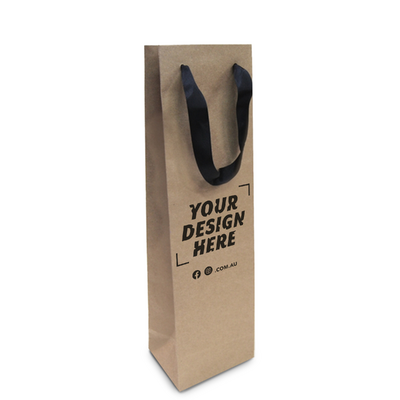 Custom Printed - Kraft Bags - Premium Kraft Brown Single Wine Bottle Gift Bag - Black Ribbon Handles
