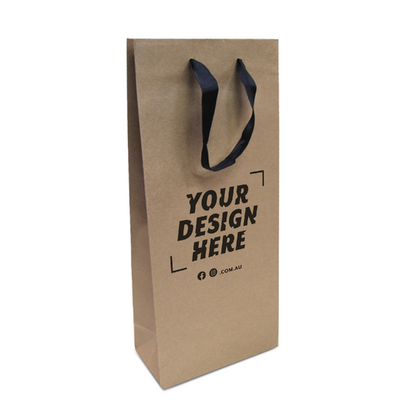 Custom Printed - Kraft Bags - Premium Kraft Brown Double Wine Bottle Gift Bag - Black Ribbon Handles