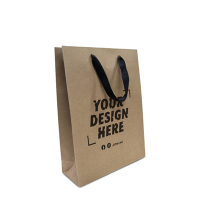 Custom Printed - Kraft Bags - Premium Kraft Brown Medium Gift Bag - Black Ribbon Handles