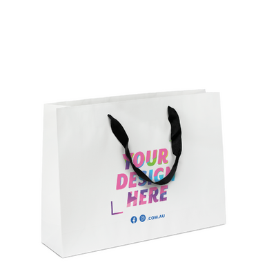 Custom Printed - Kraft Bags - Premium White Medium Boutique Gift Bag - Black Ribbon Handles