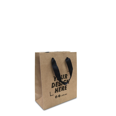 Custom Printed - Kraft Bags - Premium Kraft Brown Small Mini Gift Bag - Black Ribbon Handles