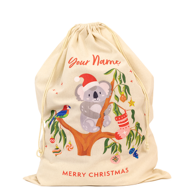 Personalised Christmas Australiana - Natural Calico Bag Santa Sack - 50cm x 70cm with Drawstrings