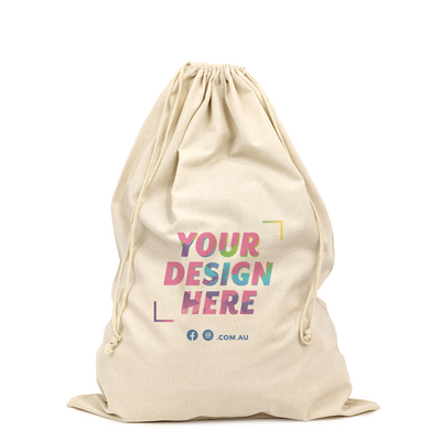 Custom DTG Printed - Natural Calico Bag Sacks - 50cm x 70cm with Drawstrings