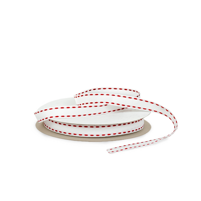 Grosgrain Ribbon - 12mm x 25m - White with 3mm Red Stitch 