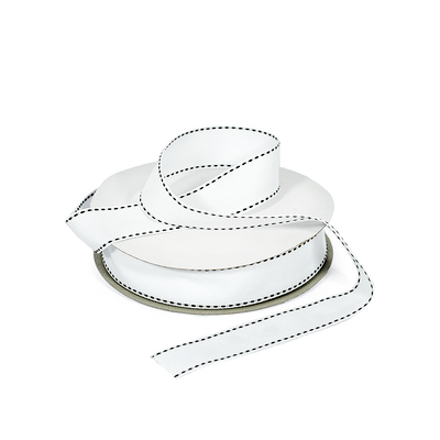Grosgrain Ribbon - 25mm x 25m - White with Black Stitch