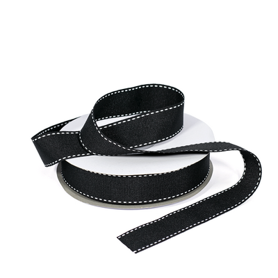 Grosgrain Ribbon  - 25mm x 25m - Black with White Stitch