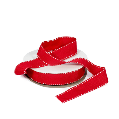 Grosgrain Ribbon  - 25mm x 25M - Red with White Stitch