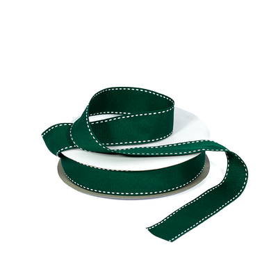 Grosgrain Ribbon  - 25mm x 25M - Hunter Green with White Stitch