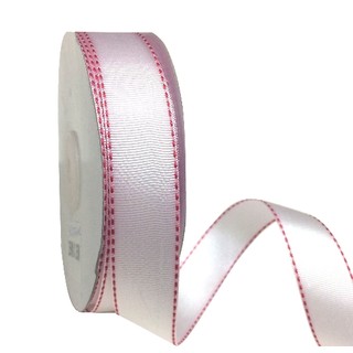 Grosgrain Ribbon - 25mm x 25m - White with Red Stitch 
