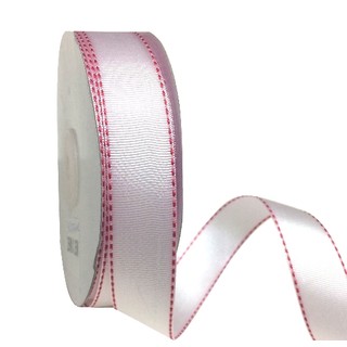 White with Red Stitch Grosgrain Ribbon- 25mm x 25M