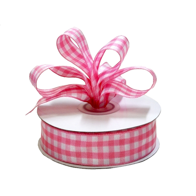 Gingham Ribbon - 25mm x 25m - Pink